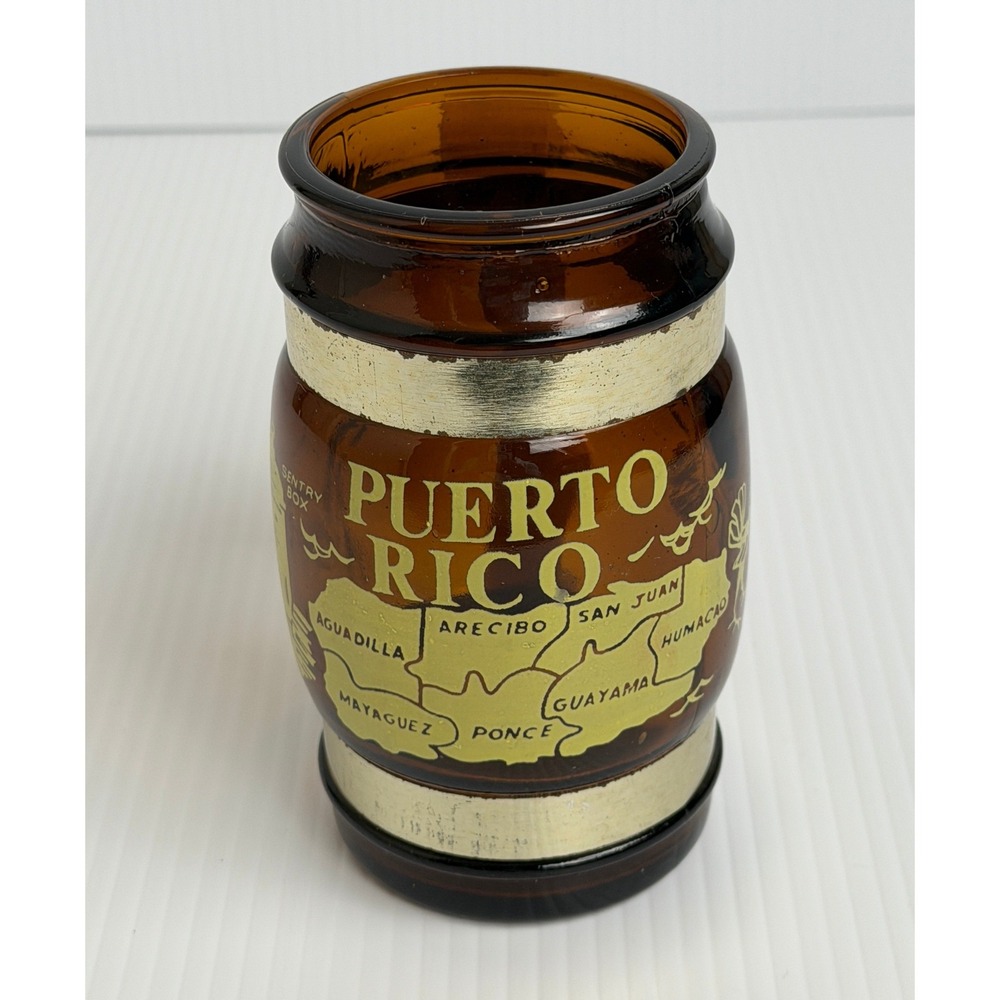 Vintage Puerto Rico Amber Glass Barrel Souvenir Mug Wood Handle Map Graphics